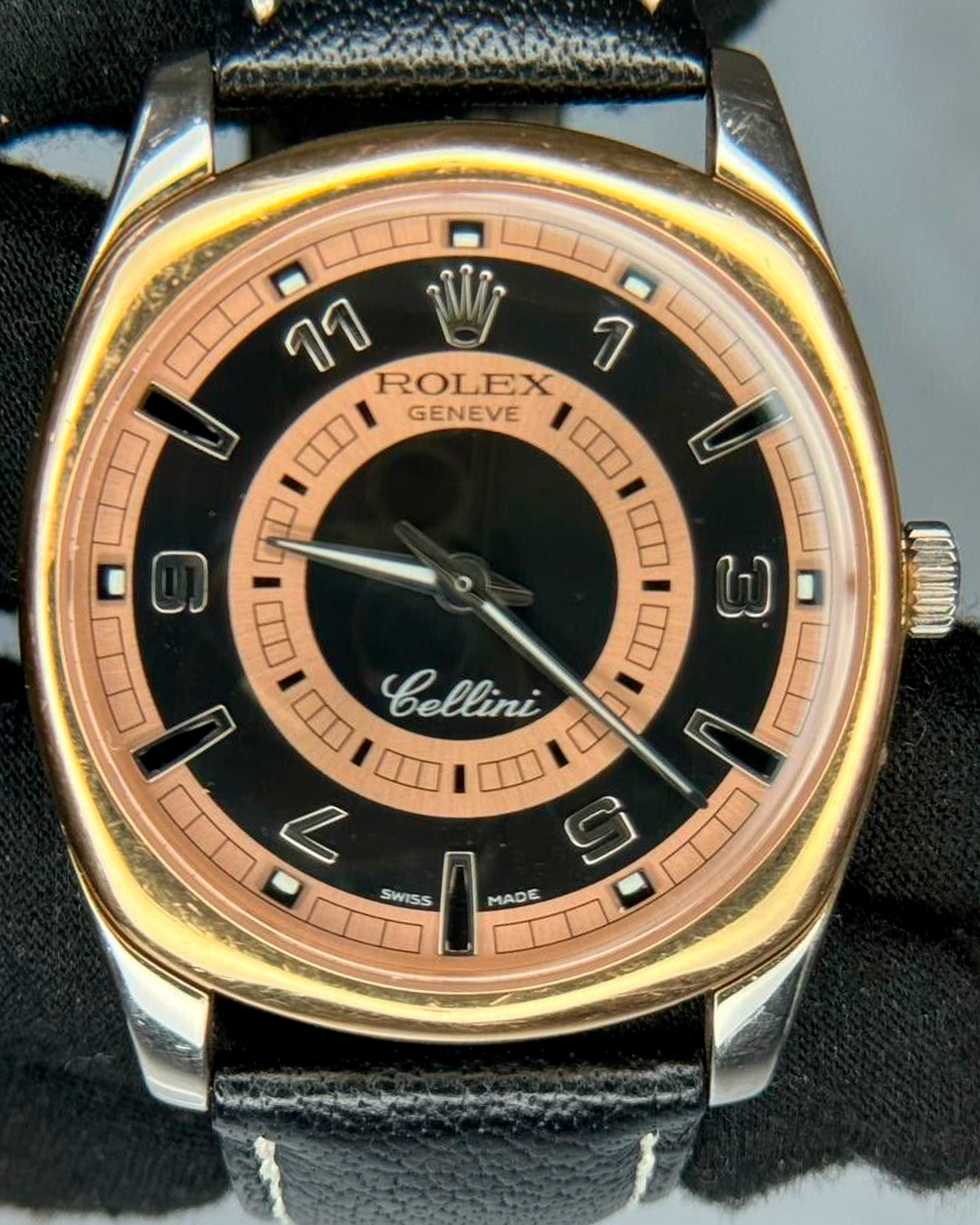 Rolex Cellini Danaos 38MM Black and Rose Gold Dial Leather Strap (4243)