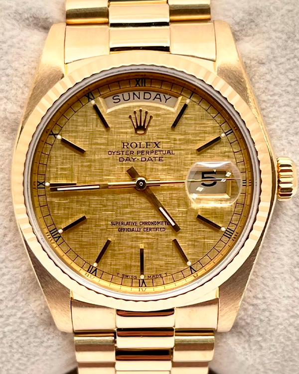 1978 (5.7 Mill Serial) Rolex Day-Date 36MM Champagne Linen Dial Yellow Gold President Bracelet (18038)