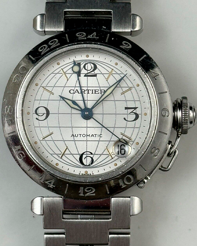 Cartier Pasha De Cartier C Meridian GMT 36MM Silver Dial Steel Bracelet (W31029M7)