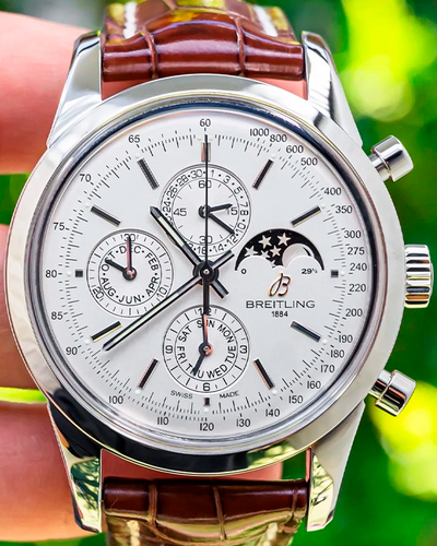 2012 Breitling Transocean Chronograph 1461 43MM Silver Dial Leather Strap (A1931012/G750)