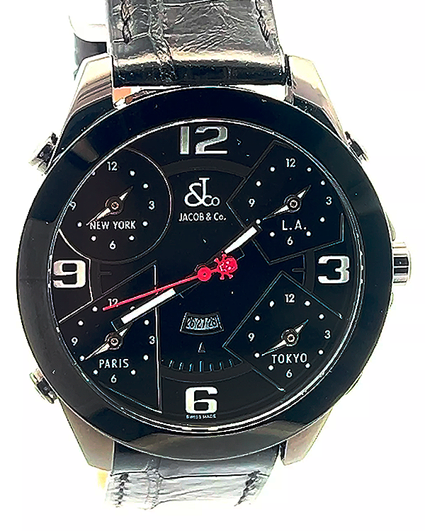 Jacob & Co. Five Time Zones 47MM Quartz Black Dial Leather Strap (JC2B)