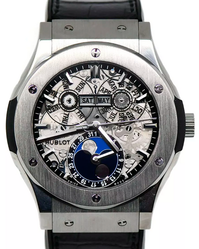 Hublot Classic Fusion Aerofusion Moonphase 45MM Skeleton Dial Leather Strap (517.NX.0170.LR)