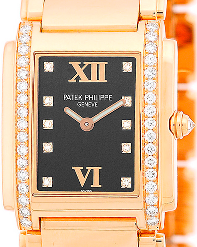 Patek Phillipe Twenty-4 25x30MM Quartz Black Dial Rose Gold Bracelet (4910/11R)