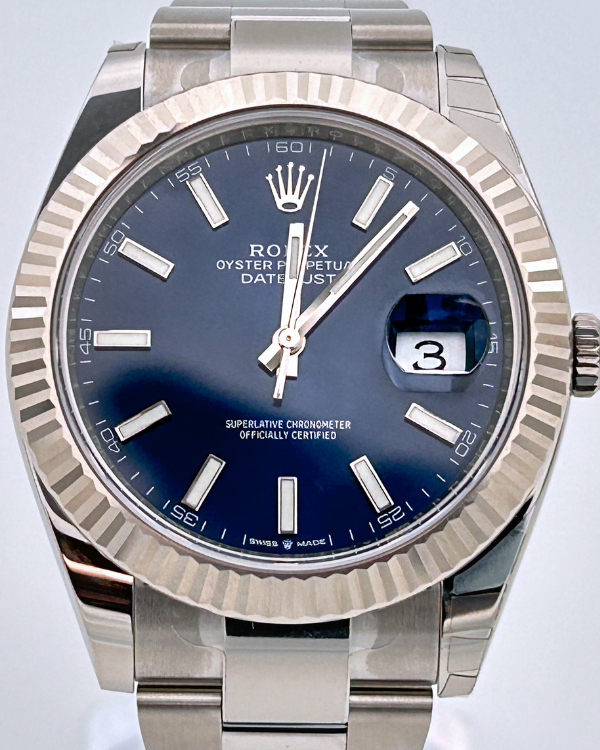 2023 Rolex Datejust 41 Fluted White Gold Bezel Blue Dial Oyster (126334)