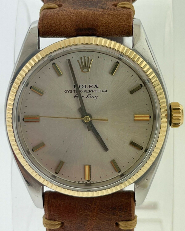 Rolex Air King Vintage 34MM Silver Dial Leather Strap (5501)