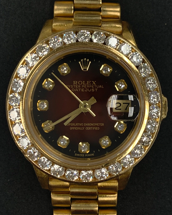 Rolex Lady-Datejust 26MM Bordeaux Dial Yellow-Gold President Bracelet (69178)