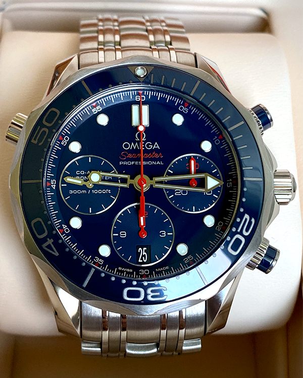 2019 Omega Seamaster Diver 300M Co‑Axial Chronometer Chronograph Steel Blue Dial (212.30.42.50.03.001)