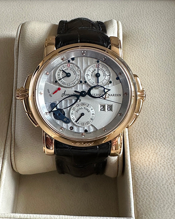Ulysse Nardin Sonata Cathedral GMT Dual Time Alarm 18kt Rose Gold Silver Dial 42mm (676-88)