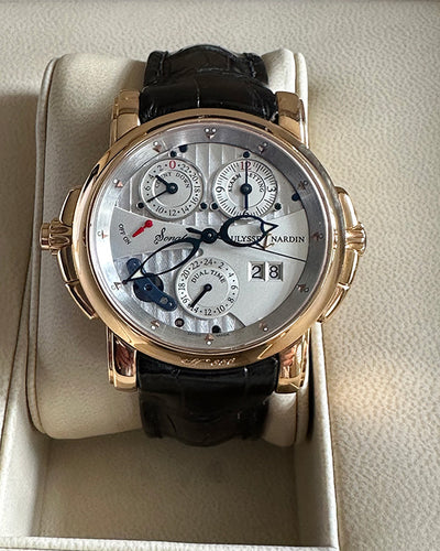 Ulysse Nardin Sonata Cathedral GMT Dual Time Alarm 18kt Rose Gold Silver Dial 42mm (676-88)