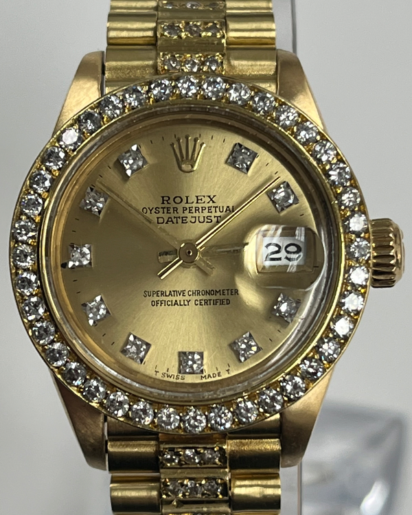 Rolex Lady-Datejust 26MM Champagne Dial Yellow Gold President Bracelet with Aftermarket Diamonds (6917)