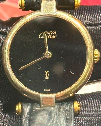 Cartier Vermeil Must 30MM Quartz Black Dial Leather Strap (590003 )