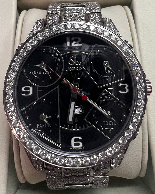 Jacob & Co Five Time Zones 47 MM Quartz Steel Diamonds Bracelet Black Dial (JC2)